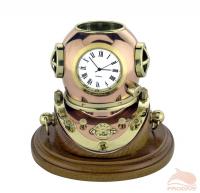 Шлем водолаза с часами, латунь, подставка для ручек 9см Шлем водолаза с часами, латунь, подставка для ручек 9см