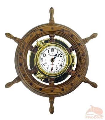 Штурвал с часами, латунь, дерево 33см